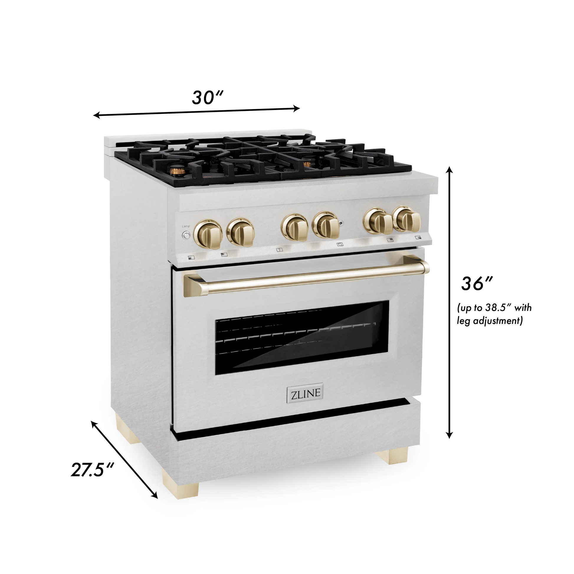 ZLINE Autograph Edition 30" DuraSnow Stainless Steel 4 Burner Dual Fuel Range With Gold Accents and 4.0 cu. ft. Electric Oven