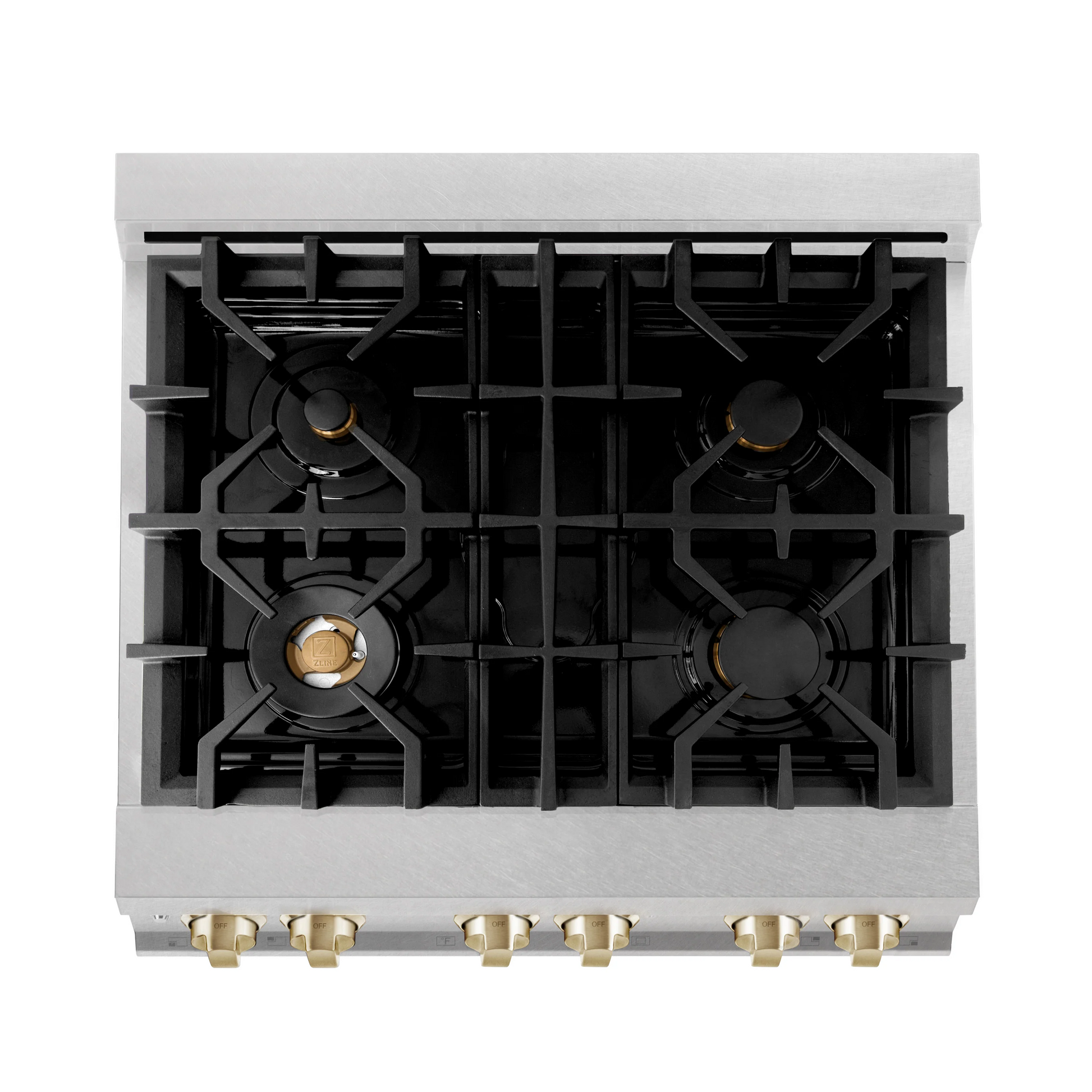 ZLINE Autograph Edition 30" DuraSnow Stainless Steel 4 Burner Dual Fuel Range With Gold Accents and 4.0 cu. ft. Electric Oven