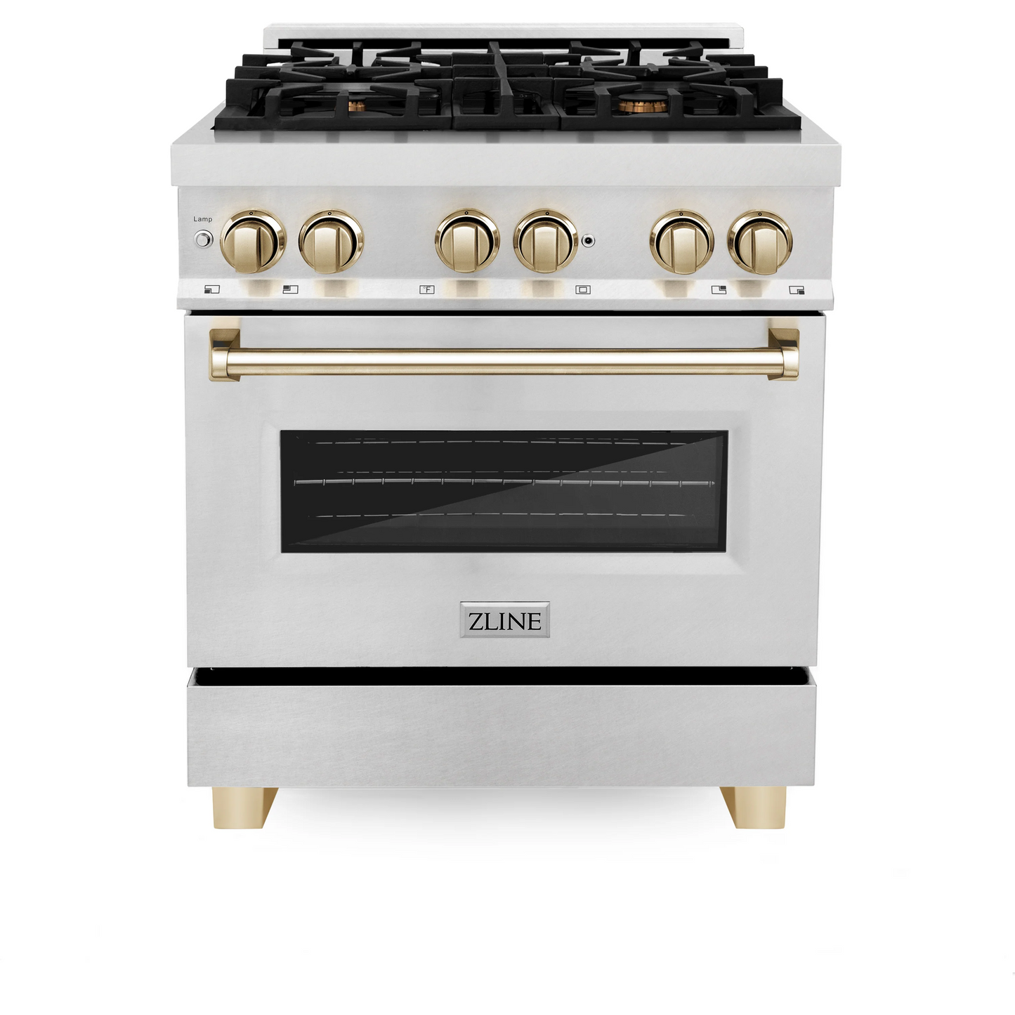 ZLINE Autograph Edition 30" DuraSnow Stainless Steel 4 Burner Dual Fuel Range With Gold Accents and 4.0 cu. ft. Electric Oven