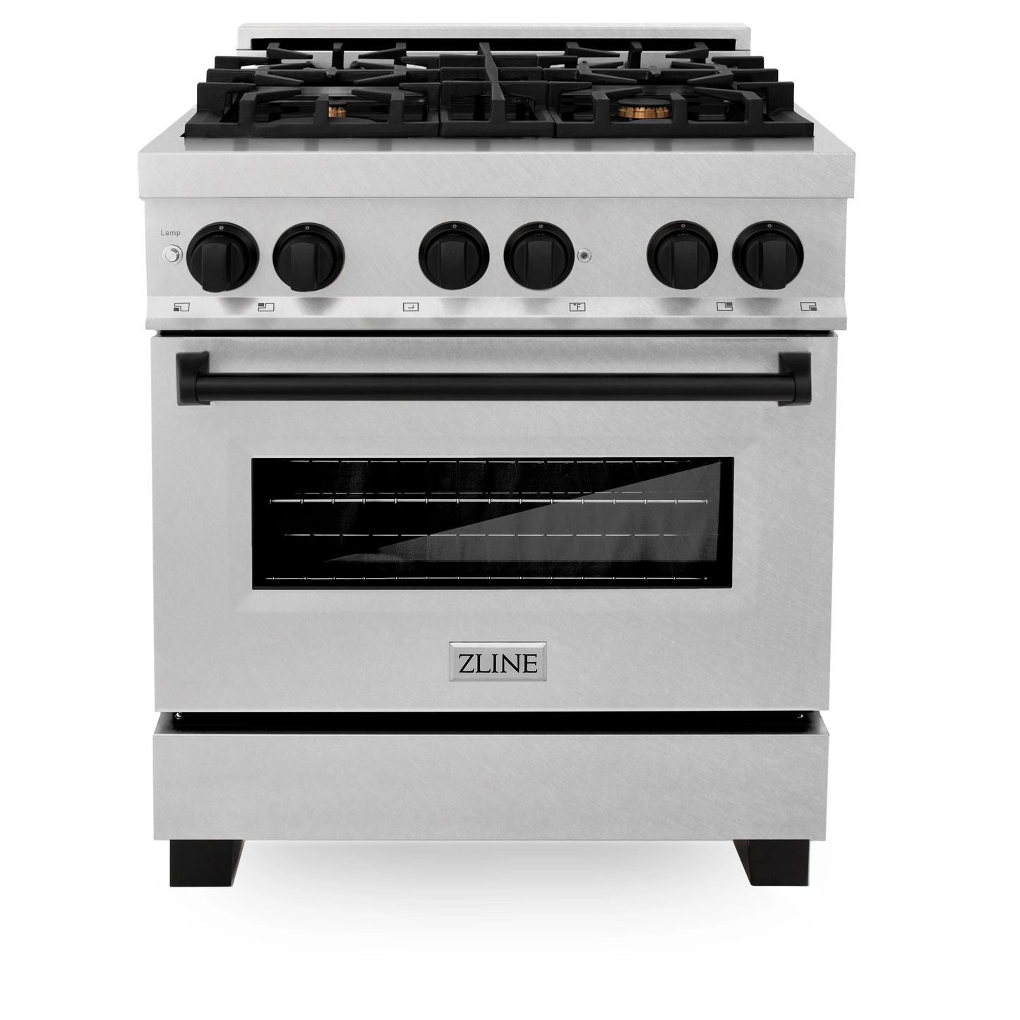 ZLINE Autograph Edition 30" DuraSnow Stainless Steel 4 Burner Dual Fuel Range With Matte Black Accents and 4.0 cu. ft. Electric Oven