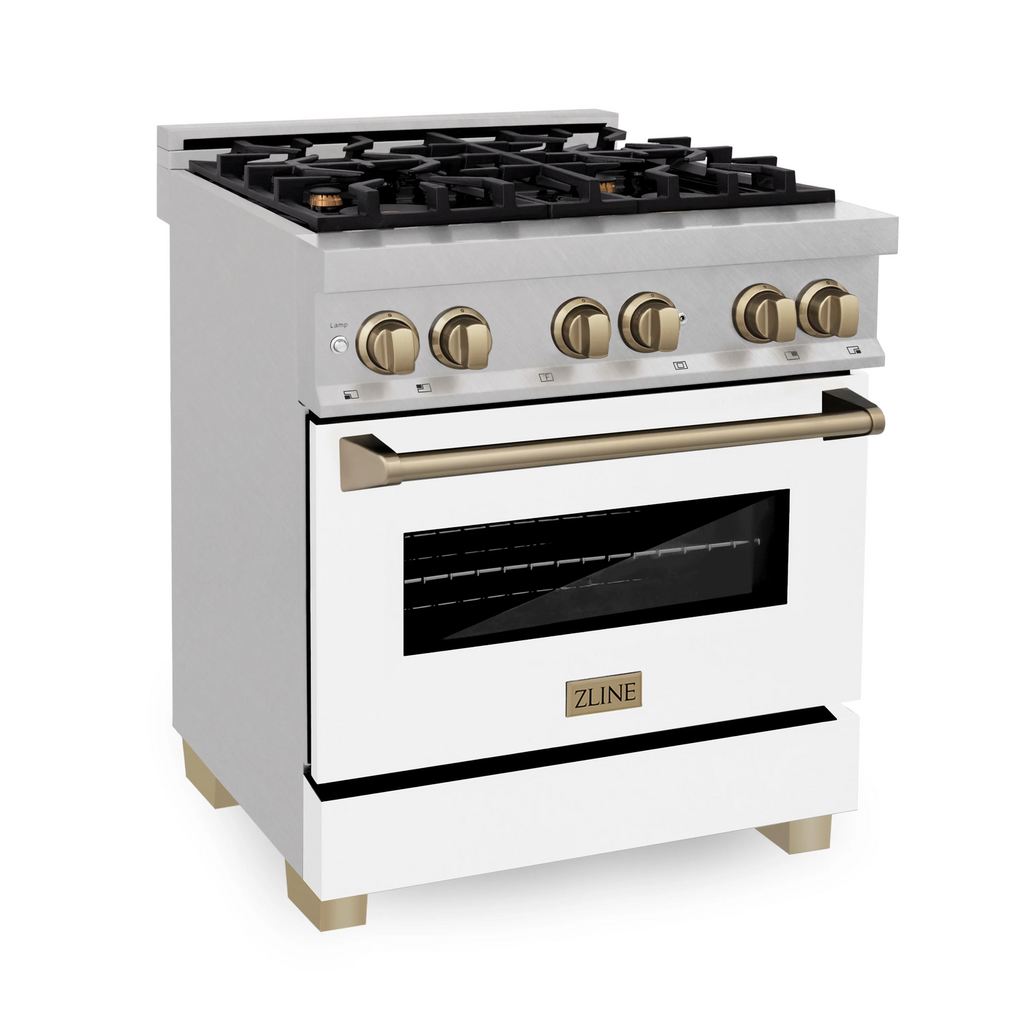 ZLINE Autograph Edition 30" DuraSnow Stainless Steel 4 Burner Dual Fuel Range With White Matte Door, Champagne Bronze Accents and 4.0 cu. ft. Electric Oven