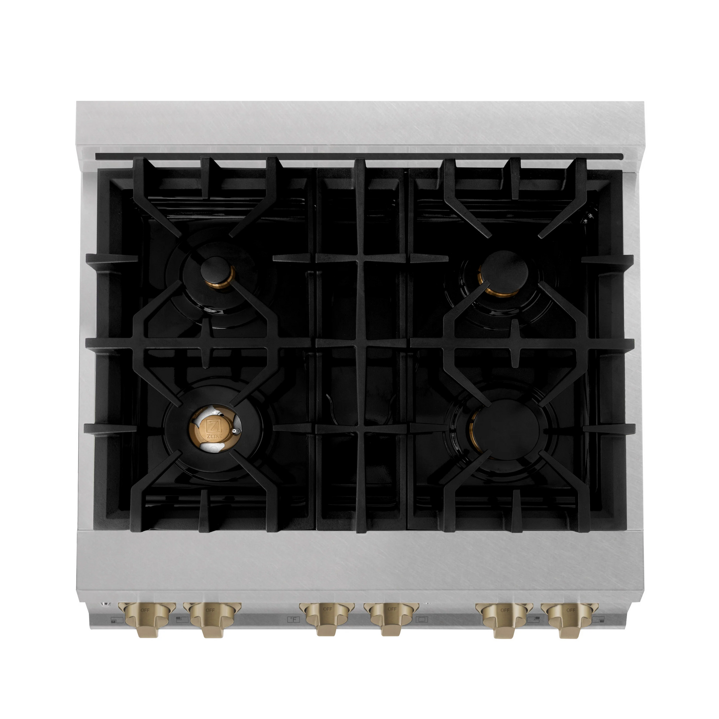 ZLINE Autograph Edition 30" DuraSnow Stainless Steel 4 Burner Dual Fuel Range With White Matte Door, Champagne Bronze Accents and 4.0 cu. ft. Electric Oven