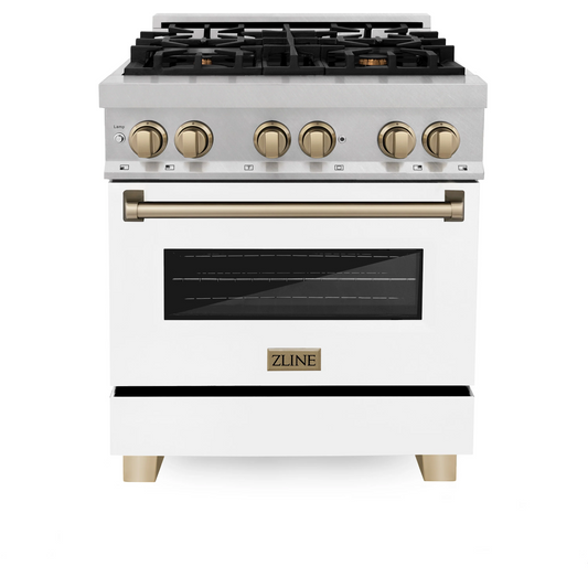 ZLINE Autograph Edition 30" DuraSnow Stainless Steel 4 Burner Dual Fuel Range With White Matte Door, Champagne Bronze Accents and 4.0 cu. ft. Electric Oven