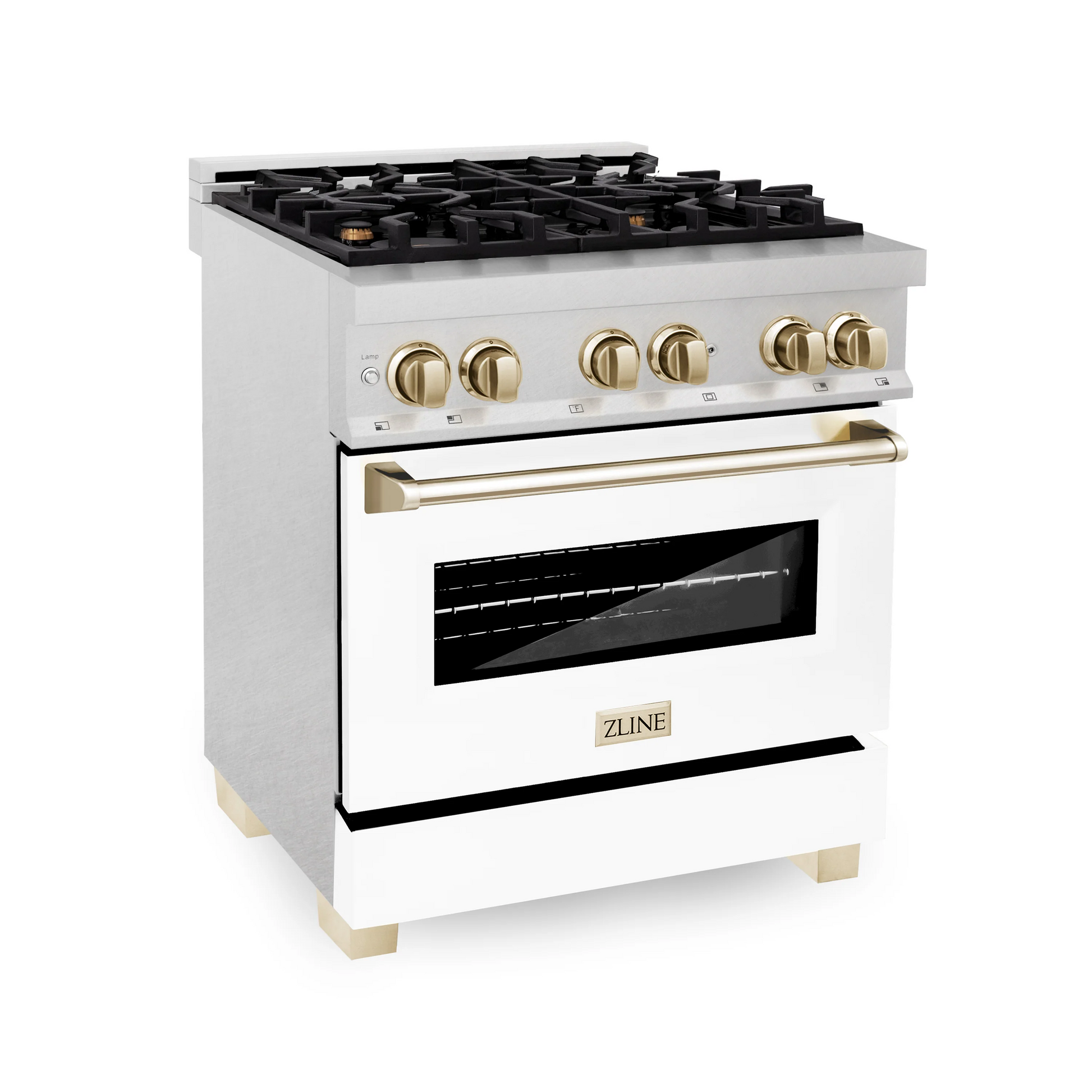 ZLINE Autograph Edition 30" DuraSnow Stainless Steel 4 Burner Dual Fuel Range With White Matte Door, Gold Accents and 4.0 cu. ft. Electric Oven