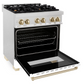 ZLINE Autograph Edition 30" DuraSnow Stainless Steel 4 Burner Dual Fuel Range With White Matte Door, Gold Accents and 4.0 cu. ft. Electric Oven