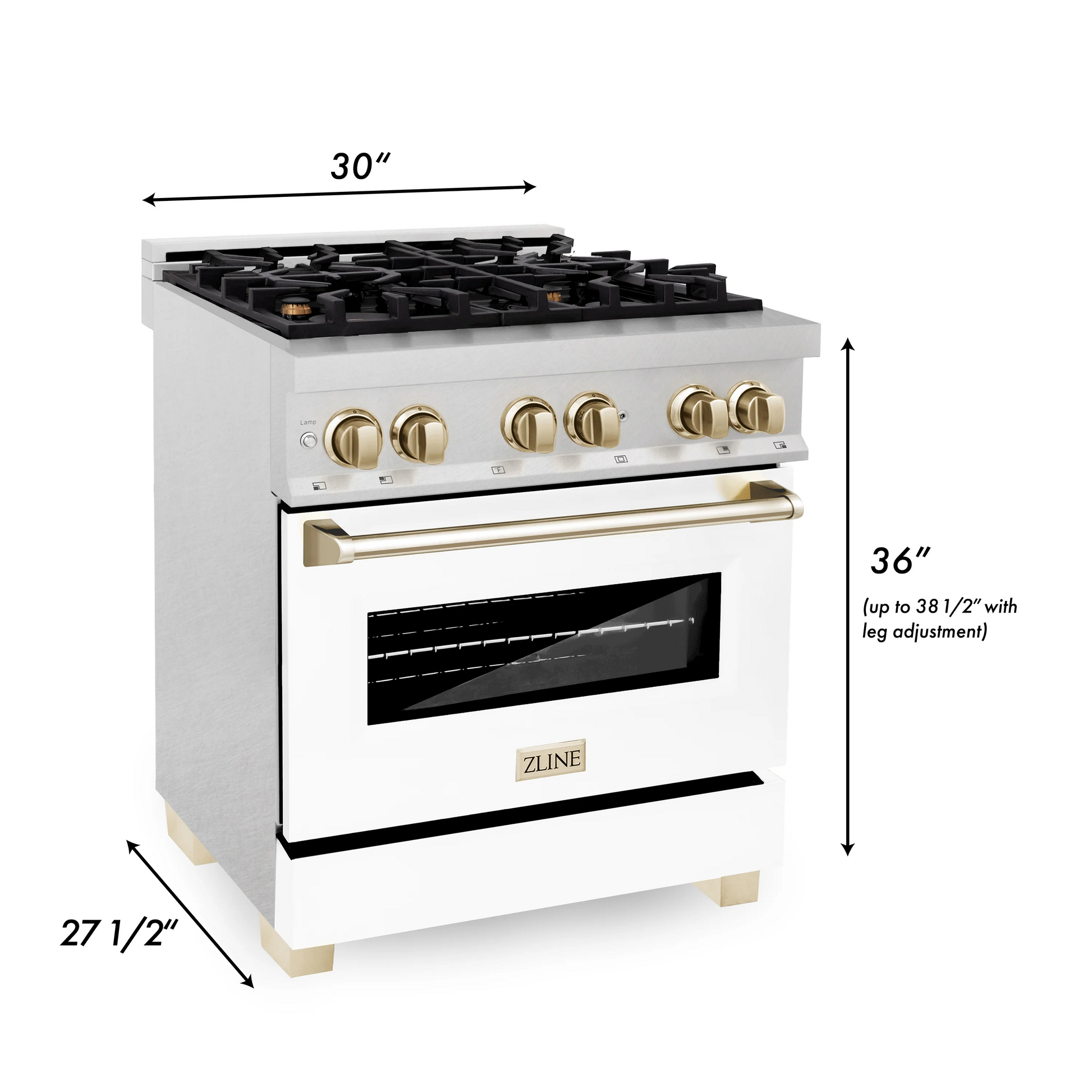 ZLINE Autograph Edition 30" DuraSnow Stainless Steel 4 Burner Dual Fuel Range With White Matte Door, Gold Accents and 4.0 cu. ft. Electric Oven