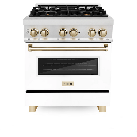 ZLINE Autograph Edition 30" DuraSnow Stainless Steel 4 Burner Dual Fuel Range With White Matte Door, Gold Accents and 4.0 cu. ft. Electric Oven