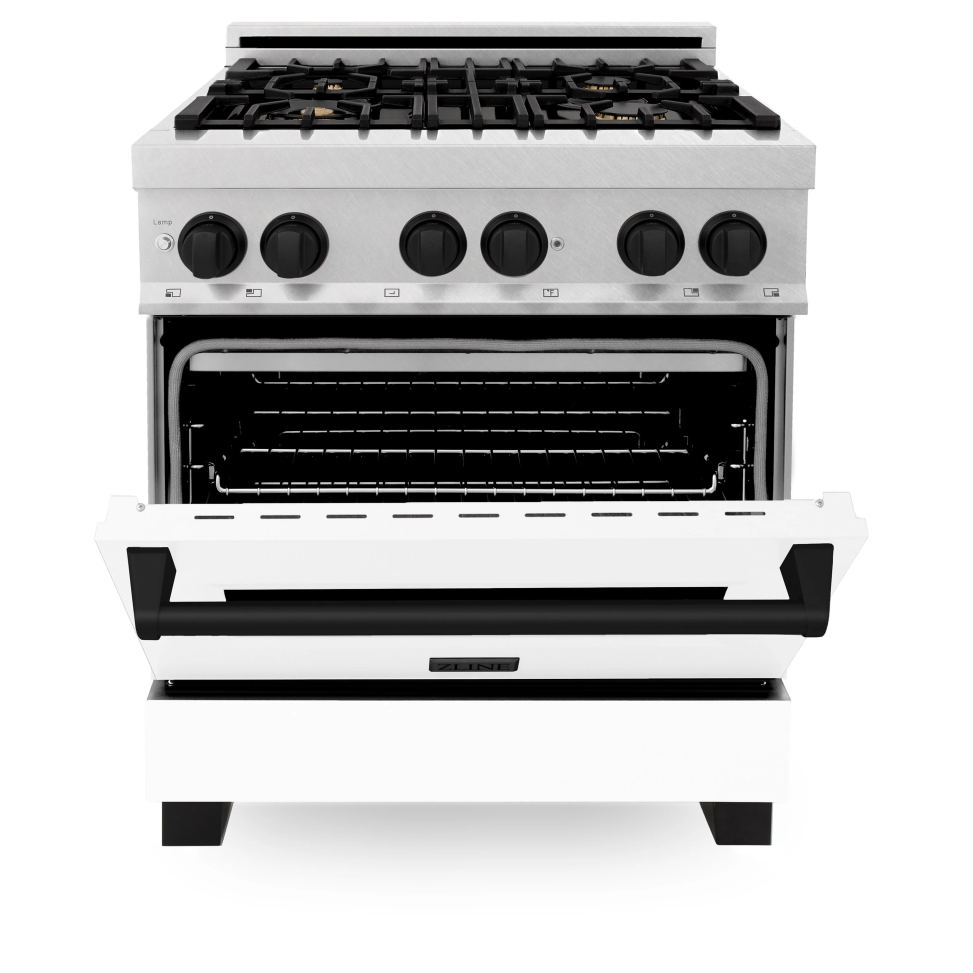 ZLINE Autograph Edition 30" DuraSnow Stainless Steel 4 Burner Dual Fuel Range With White Matte Door, Matte Black Accents and 4.0 cu. ft. Electric Oven