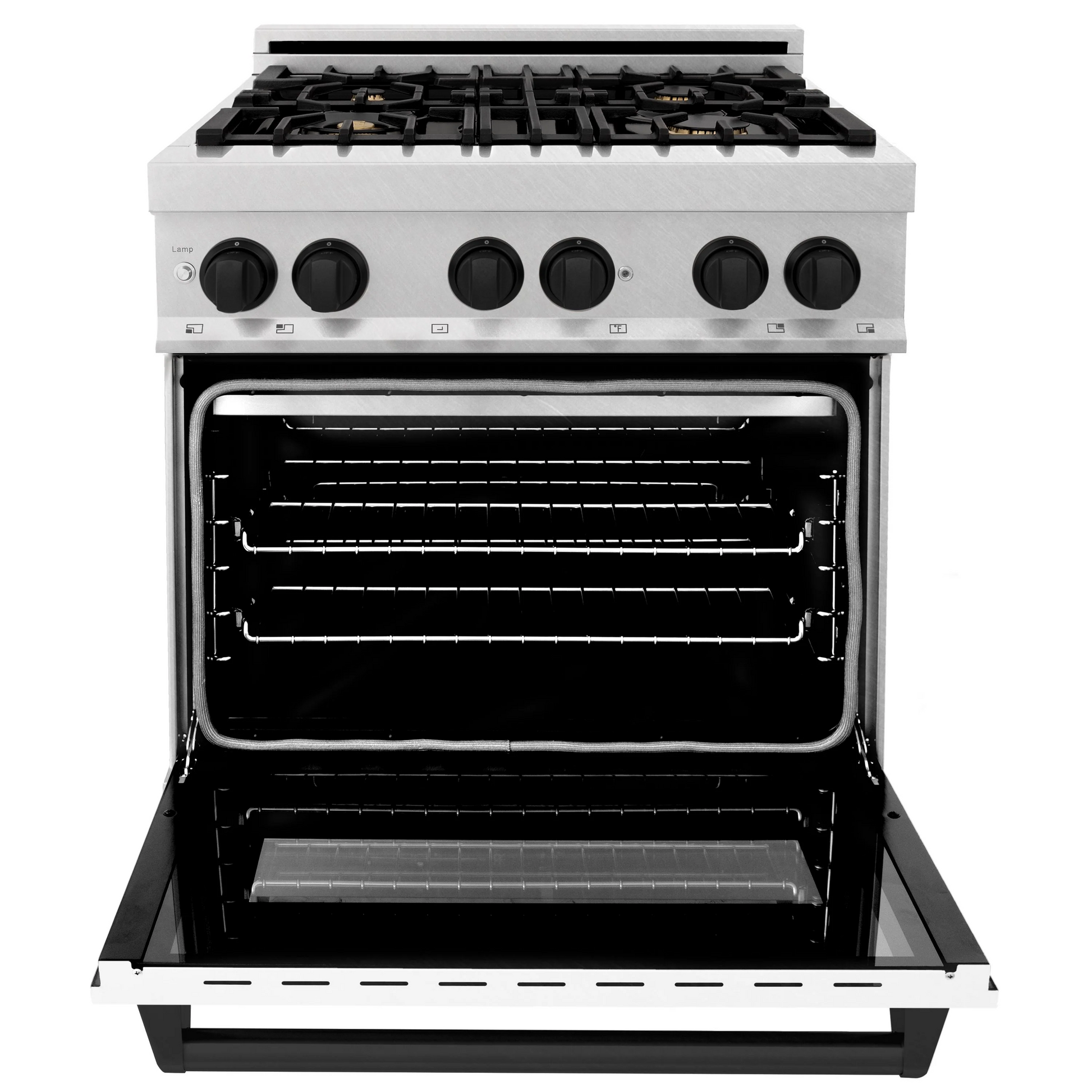 ZLINE Autograph Edition 30" DuraSnow Stainless Steel 4 Burner Dual Fuel Range With White Matte Door, Matte Black Accents and 4.0 cu. ft. Electric Oven