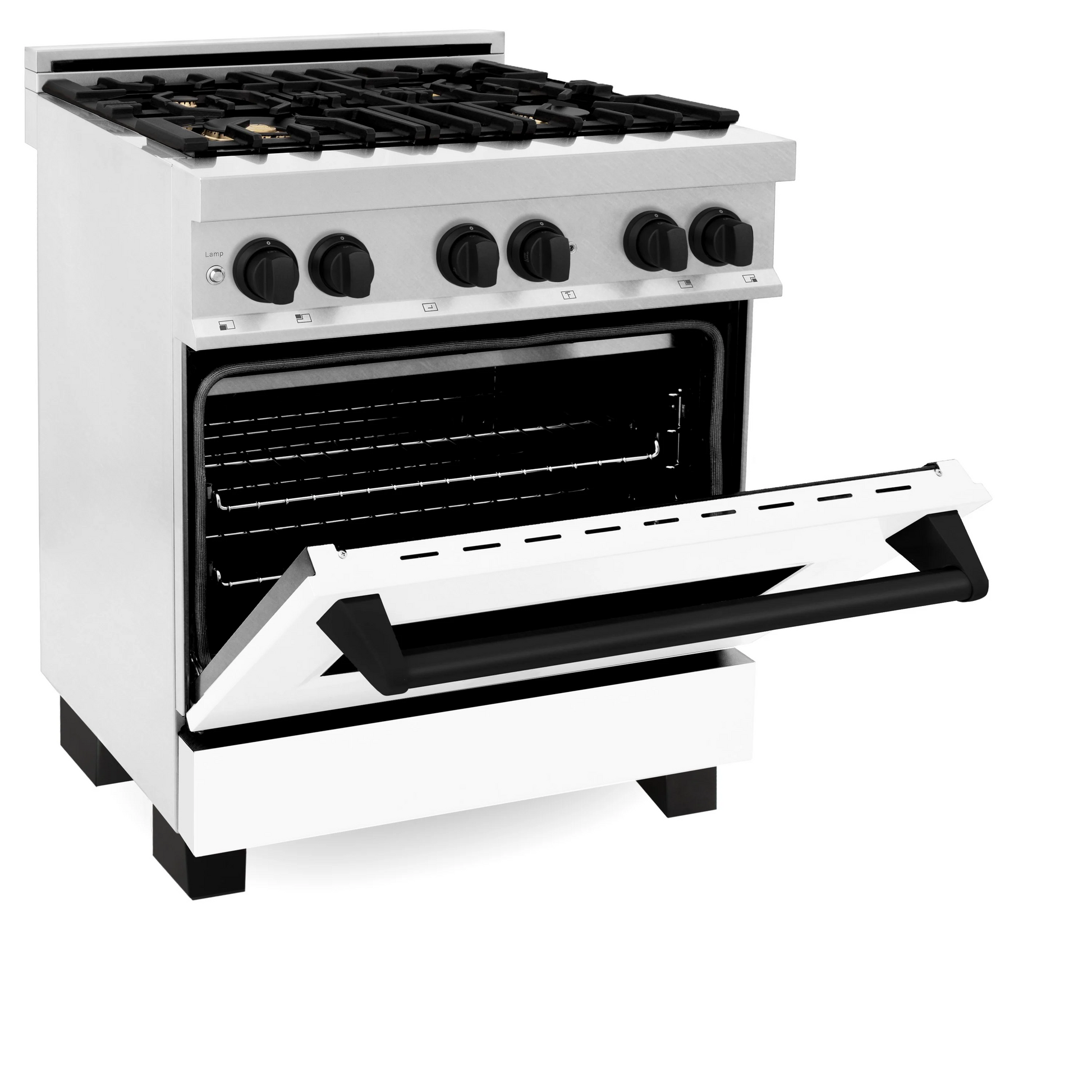 ZLINE Autograph Edition 30" DuraSnow Stainless Steel 4 Burner Dual Fuel Range With White Matte Door, Matte Black Accents and 4.0 cu. ft. Electric Oven