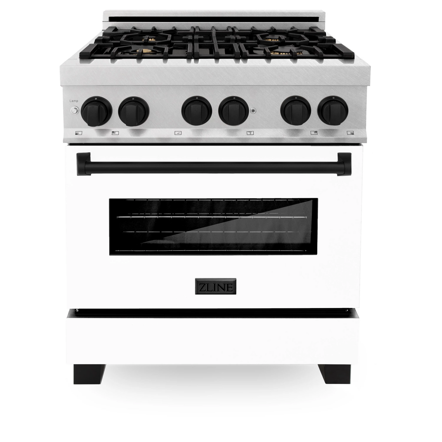 ZLINE Autograph Edition 30" DuraSnow Stainless Steel 4 Burner Dual Fuel Range With White Matte Door, Matte Black Accents and 4.0 cu. ft. Electric Oven