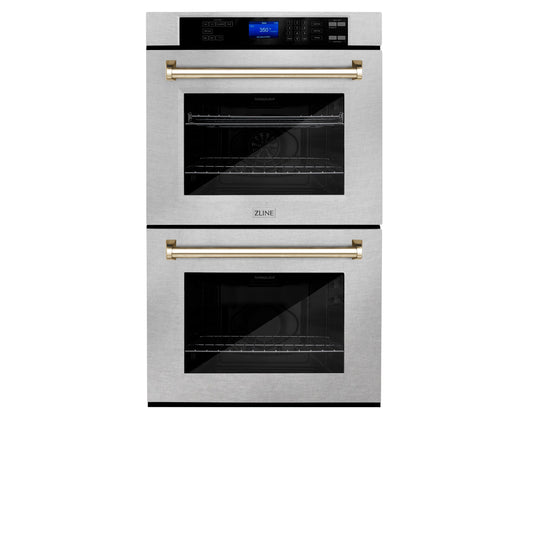 ZLINE Autograph Edition 30" DuraSnow Stainless Steel and Gold Double Wall Oven with Self Clean and True Convection