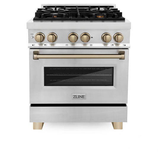 ZLINE Autograph Edition 30" Stainless Steel 4 Burner Dual Fuel Range With Champagne Bronze Accents and 4.0 cu. ft. Electric Oven