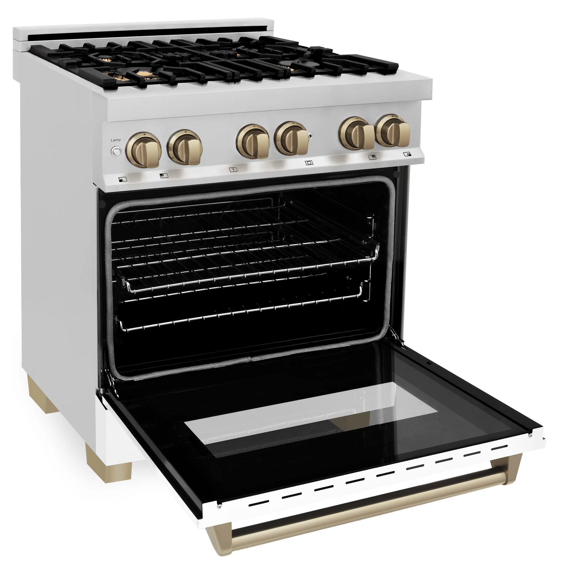 ZLINE Autograph Edition 30" Stainless Steel 4 Burner Dual Fuel Range With White Matte Door, Champagne Bronze Accents and 4.0 cu. ft. Electric Oven