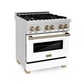 ZLINE Autograph Edition 30" Stainless Steel 4 Burner Dual Fuel Range With White Matte Door, Champagne Bronze Accents and 4.0 cu. ft. Electric Oven