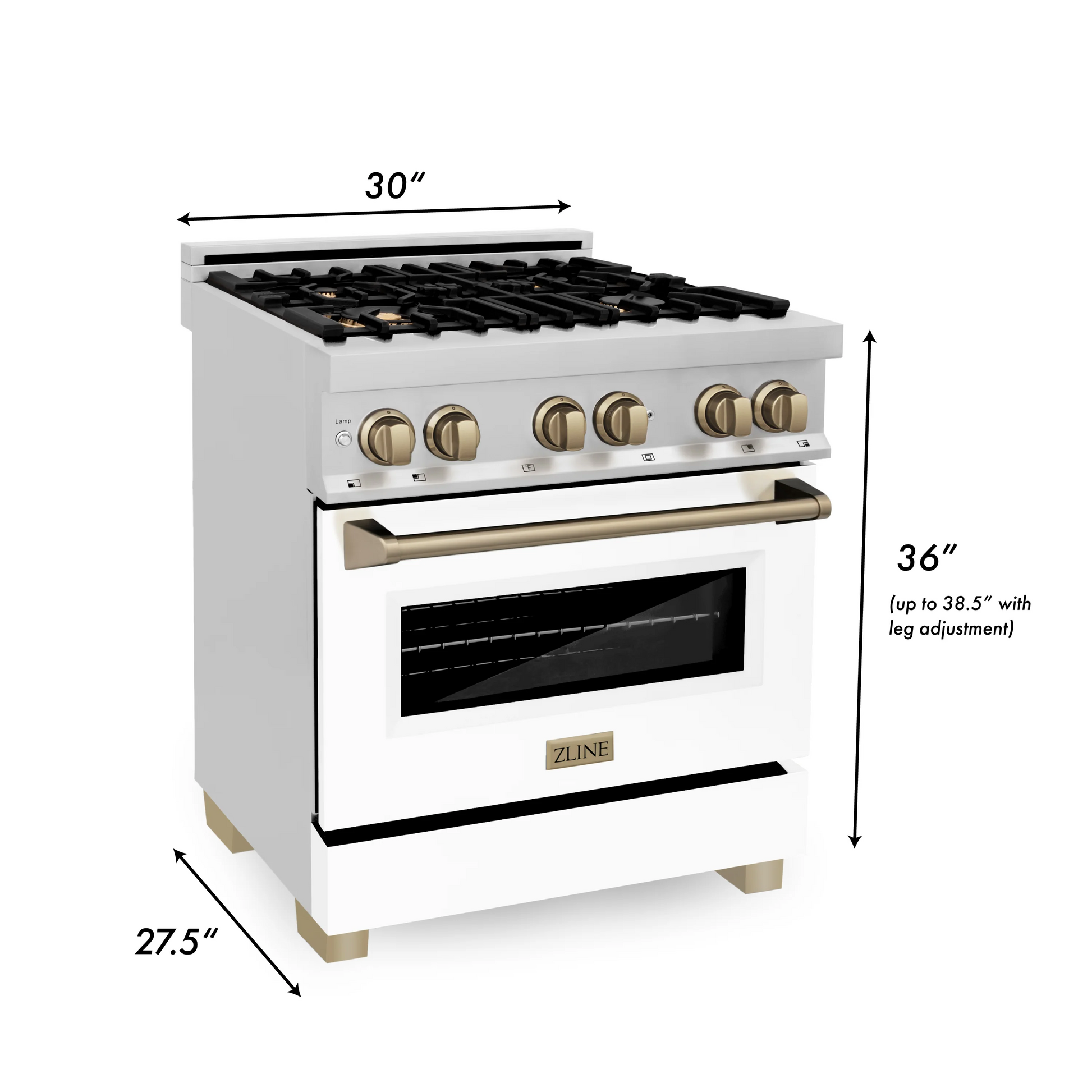 ZLINE Autograph Edition 30" Stainless Steel 4 Burner Dual Fuel Range With White Matte Door, Champagne Bronze Accents and 4.0 cu. ft. Electric Oven