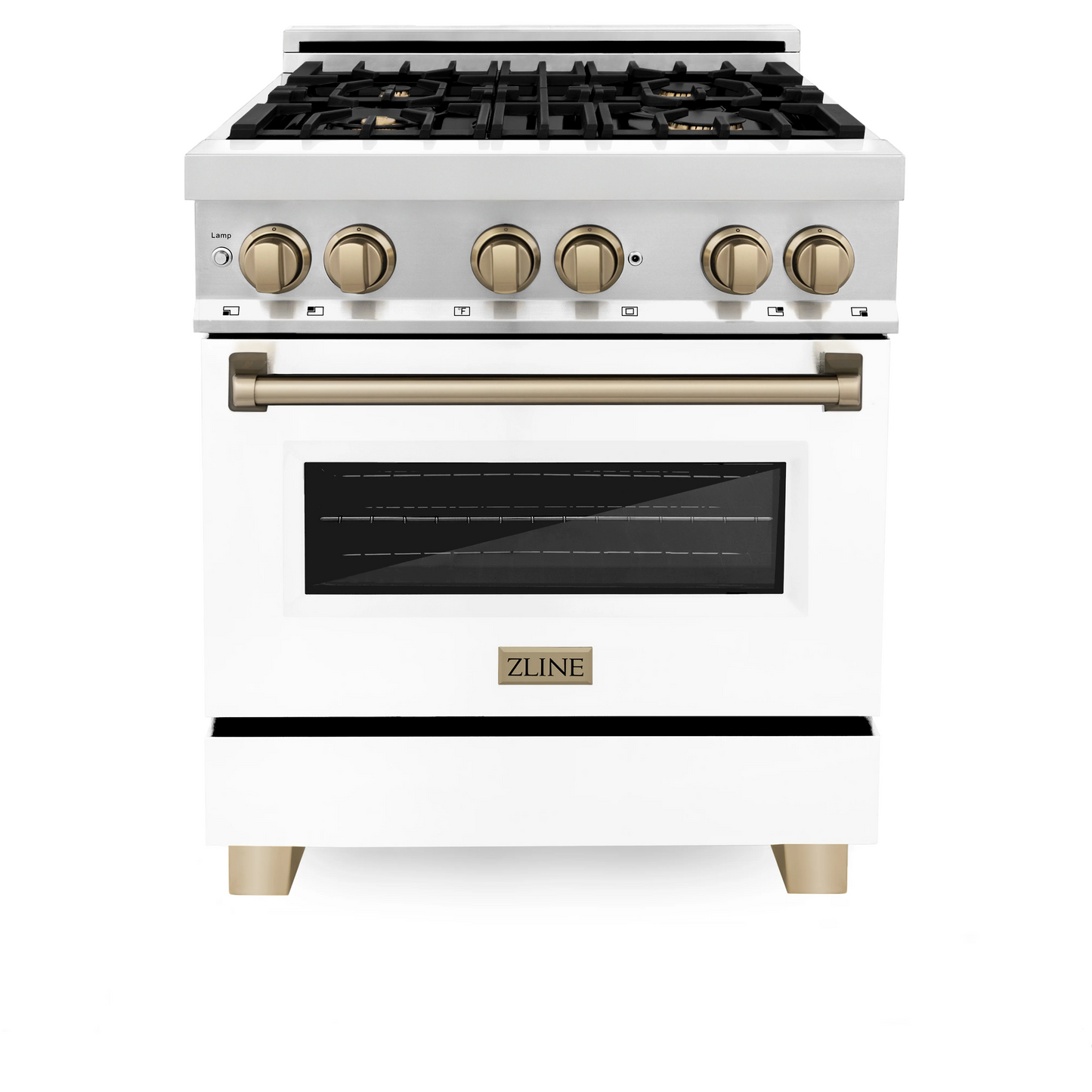 ZLINE Autograph Edition 30" Stainless Steel 4 Burner Dual Fuel Range With White Matte Door, Champagne Bronze Accents and 4.0 cu. ft. Electric Oven