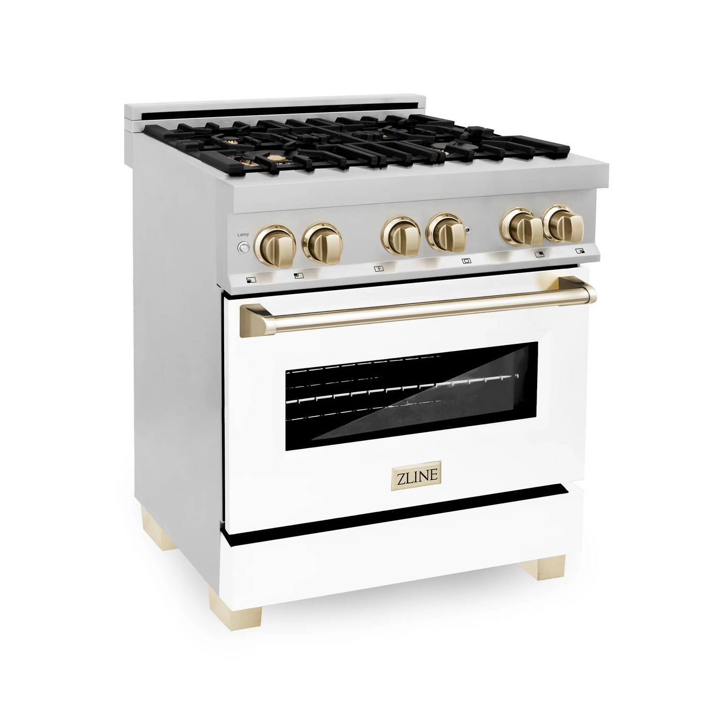 ZLINE Autograph Edition 30" Stainless Steel 4 Burner Dual Fuel Range With White Matte Door, Gold Accents and 4.0 cu. ft. Electric Oven