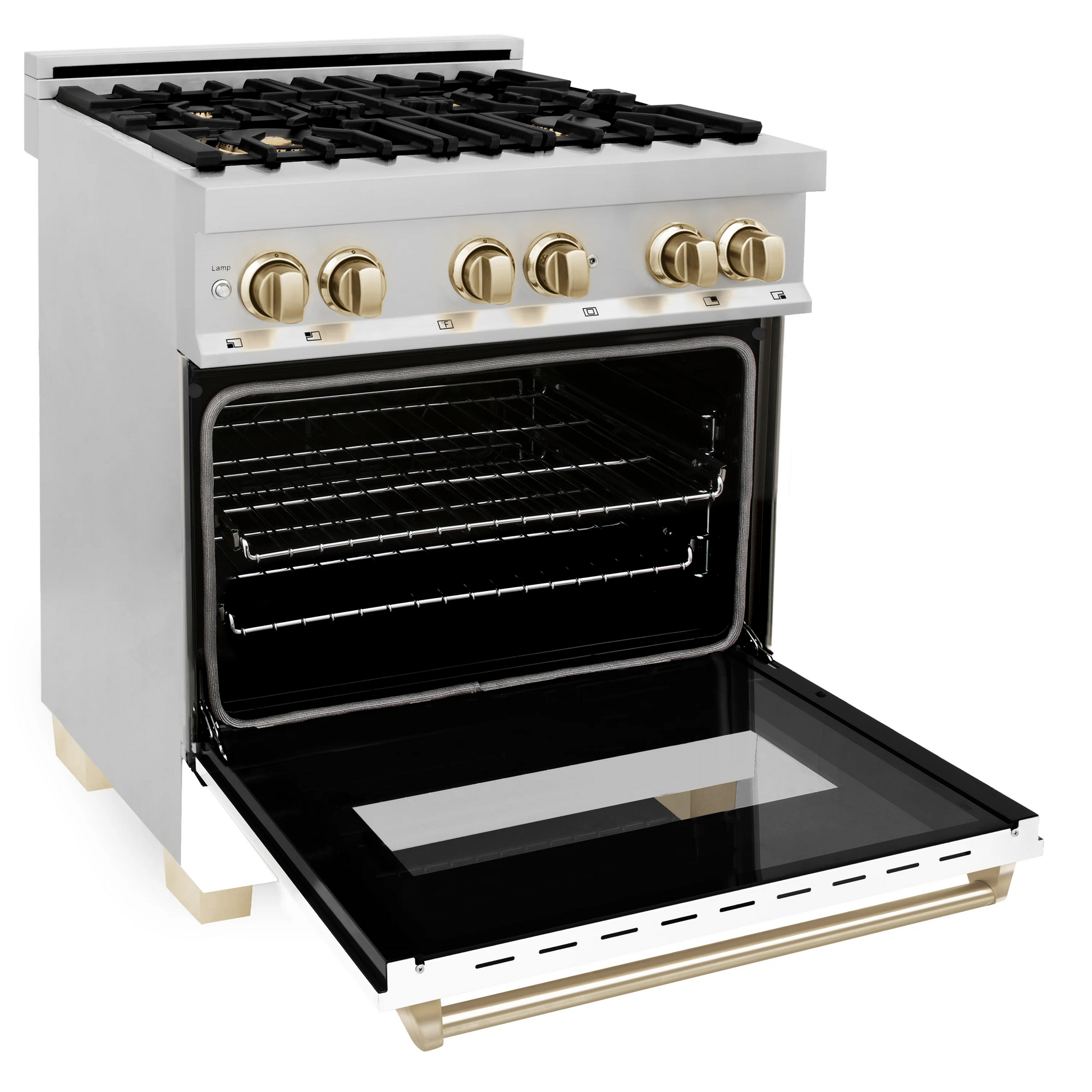 ZLINE Autograph Edition 30" Stainless Steel 4 Burner Dual Fuel Range With White Matte Door, Gold Accents and 4.0 cu. ft. Electric Oven