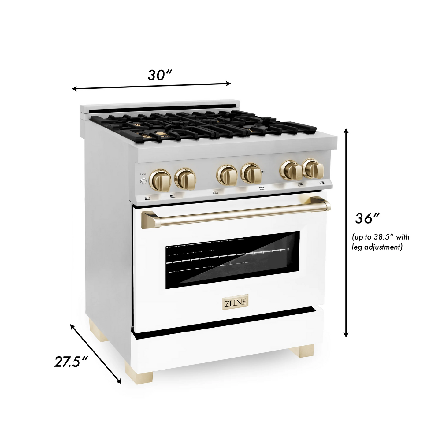 ZLINE Autograph Edition 30" Stainless Steel 4 Burner Dual Fuel Range With White Matte Door, Gold Accents and 4.0 cu. ft. Electric Oven