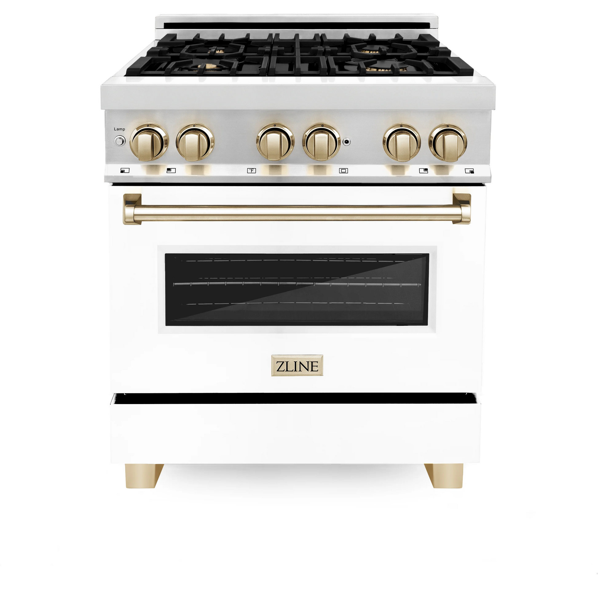 ZLINE Autograph Edition 30" Stainless Steel 4 Burner Dual Fuel Range With White Matte Door, Gold Accents and 4.0 cu. ft. Electric Oven