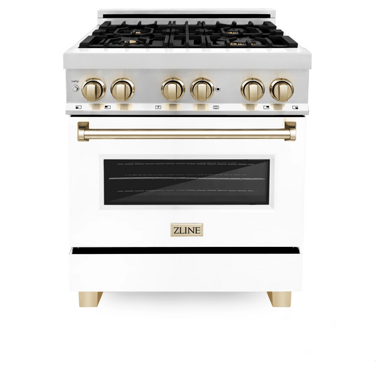 ZLINE Autograph Edition 30" Stainless Steel 4 Burner Dual Fuel Range With White Matte Door, Gold Accents and 4.0 cu. ft. Electric Oven