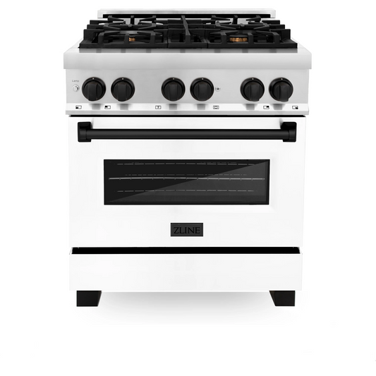 ZLINE Autograph Edition 30" Stainless Steel 4 Burner Dual Fuel Range With White Matte Door, Matte Black Accents and 4.0 cu. ft. Electric Oven