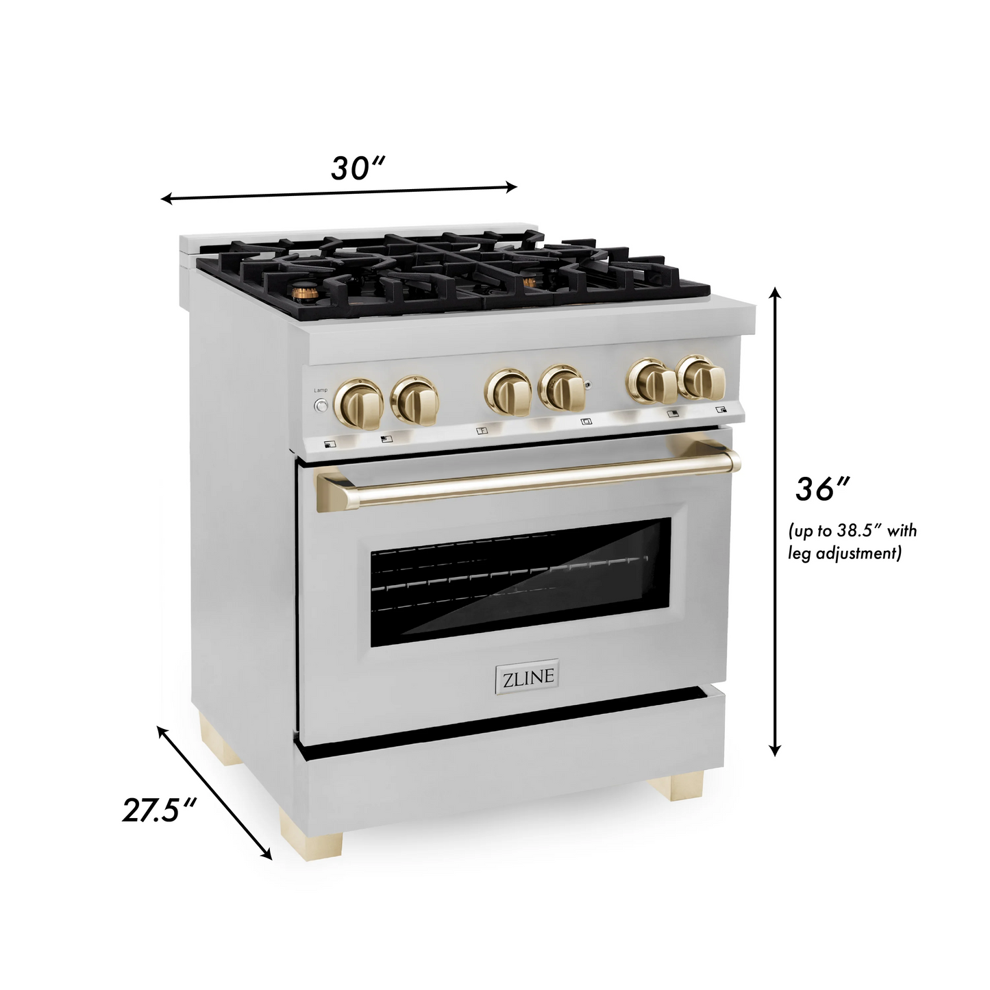 ZLINE Autograph Edition 30" Stainless Steel With 4 Burner Dual Fuel Range With Gold Accents and 4.0 cu. ft. Electric Oven