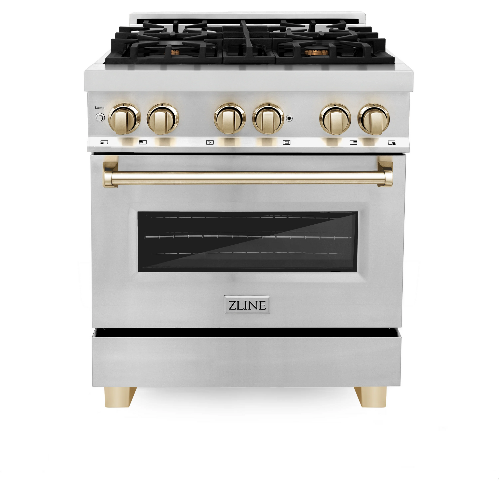 ZLINE Autograph Edition 30" Stainless Steel With 4 Burner Dual Fuel Range With Gold Accents and 4.0 cu. ft. Electric Oven