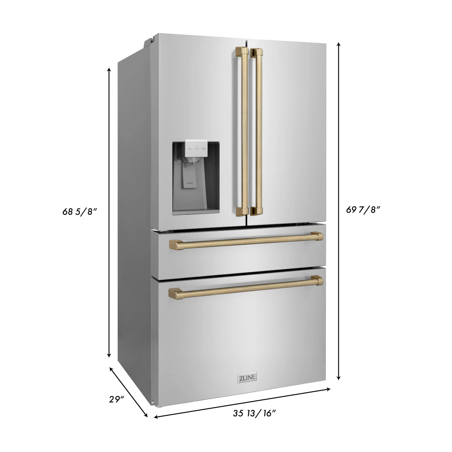 ZLINE Autograph Edition 36" 21.6 cu. ft. Fingerprint Resistant Stainless Steel With Champagne Bronze Accents Freestanding French Door Refrigerator With Water and Ice Dispenser