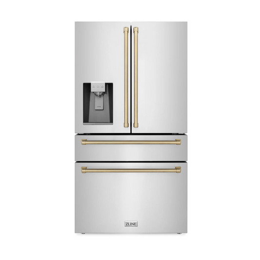 ZLINE Autograph Edition 36" 21.6 cu. ft. Fingerprint Resistant Stainless Steel With Champagne Bronze Accents Freestanding French Door Refrigerator With Water and Ice Dispenser