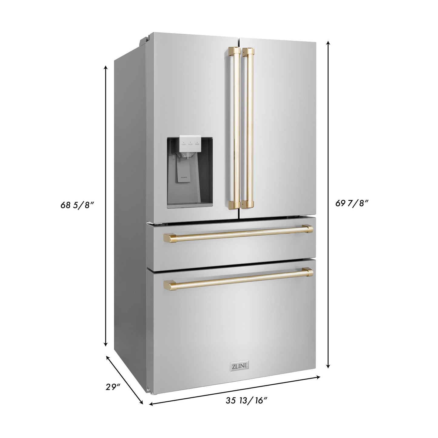 ZLINE Autograph Edition 36" 21.6 cu. ft. Fingerprint Resistant Stainless Steel With Gold Accents Freestanding French Door Refrigerator With Water and Ice Dispenser