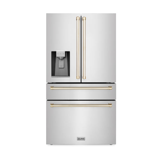 ZLINE Autograph Edition 36" 21.6 cu. ft. Fingerprint Resistant Stainless Steel With Gold Accents Freestanding French Door Refrigerator With Water and Ice Dispenser