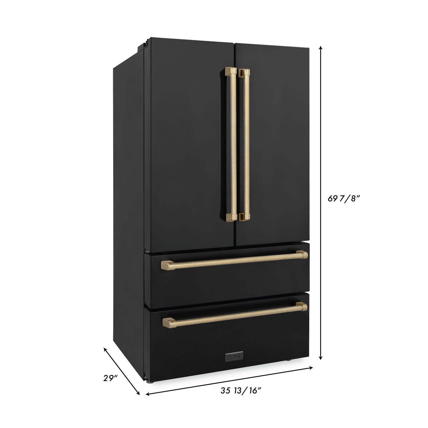 ZLINE Autograph Edition 36" 22.5 cu. ft Fingerprint Resistant Black Stainless Steel With Champagne Bronze Accents Freestanding French Door Refrigerator With Ice Maker