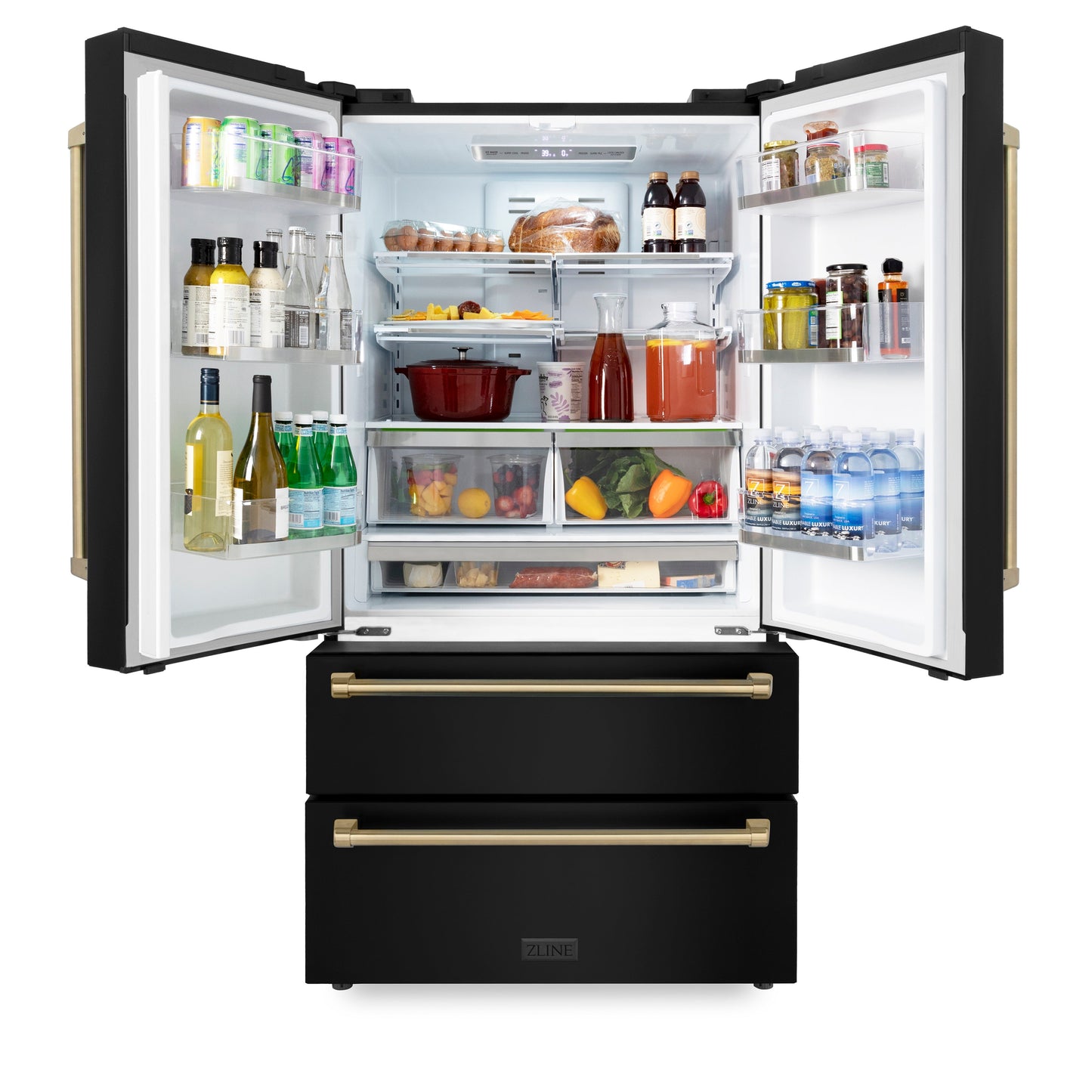 ZLINE Autograph Edition 36" 22.5 cu. ft Fingerprint Resistant Black Stainless Steel With Champagne Bronze Accents Freestanding French Door Refrigerator With Ice Maker