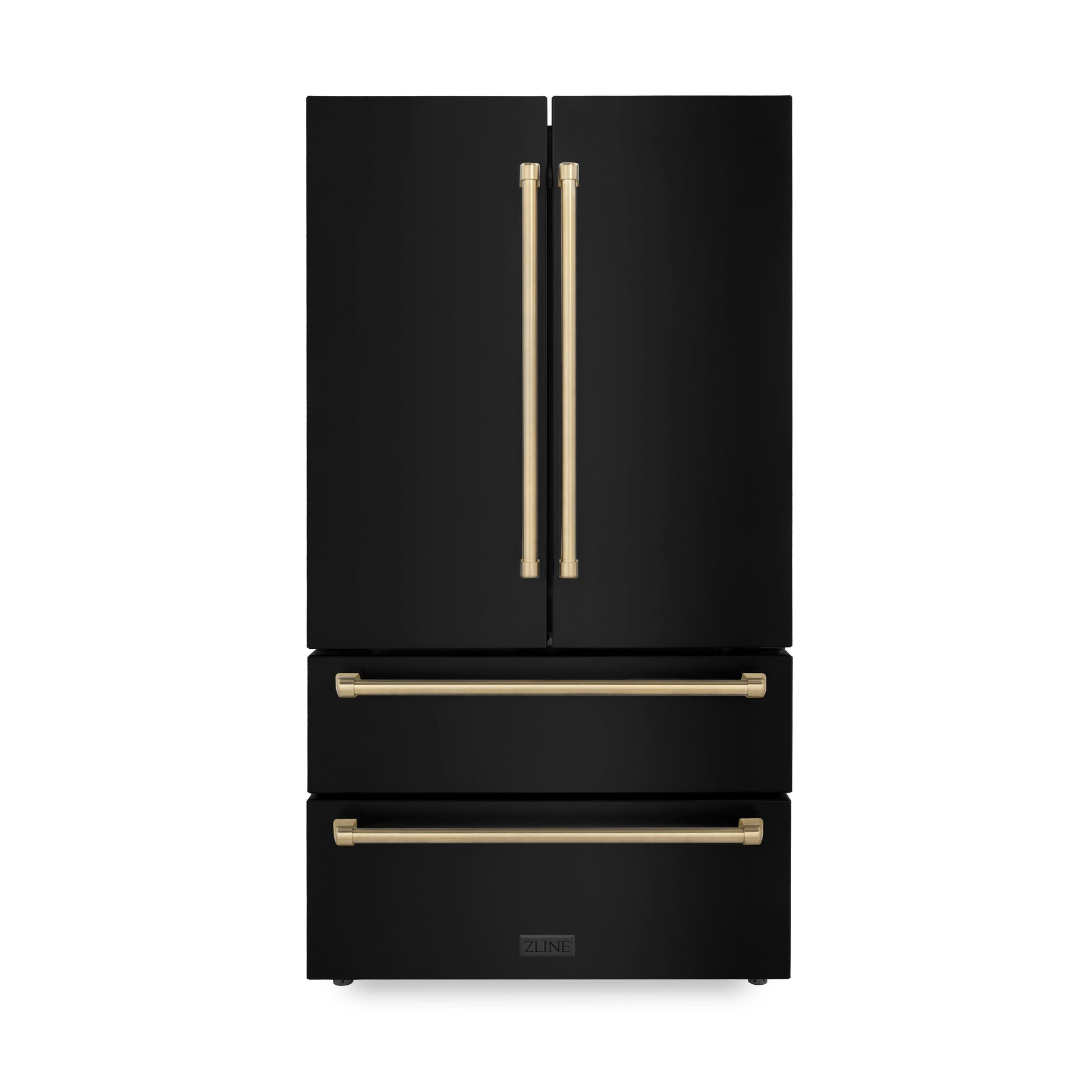 ZLINE Autograph Edition 36" 22.5 cu. ft Fingerprint Resistant Black Stainless Steel With Champagne Bronze Accents Freestanding French Door Refrigerator With Ice Maker