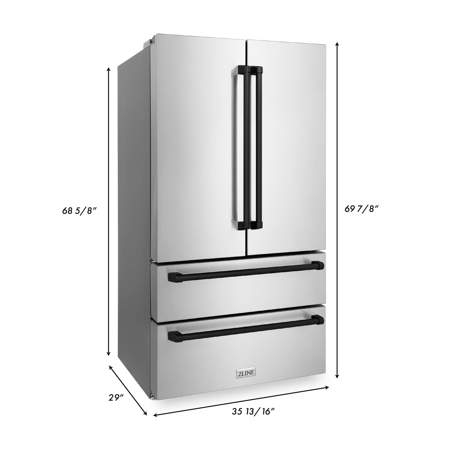 ZLINE Autograph Edition 36" 22.5 cu. ft Fingerprint Resistant Stainless Steel With Matte Black Accents Freestanding French Door Refrigerator With Ice Maker