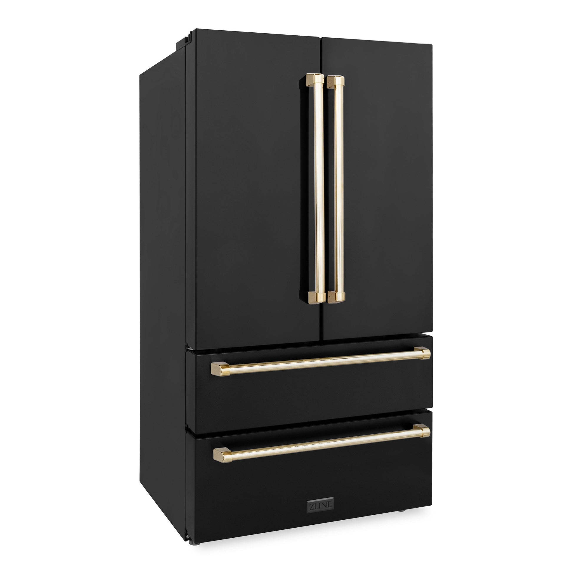 ZLINE Autograph Edition 36" 22.5 cu. ft. Fingerprint Resistant Black Stainless Steel With Gold Accents Freestanding French Door Refrigerator With Ice Maker