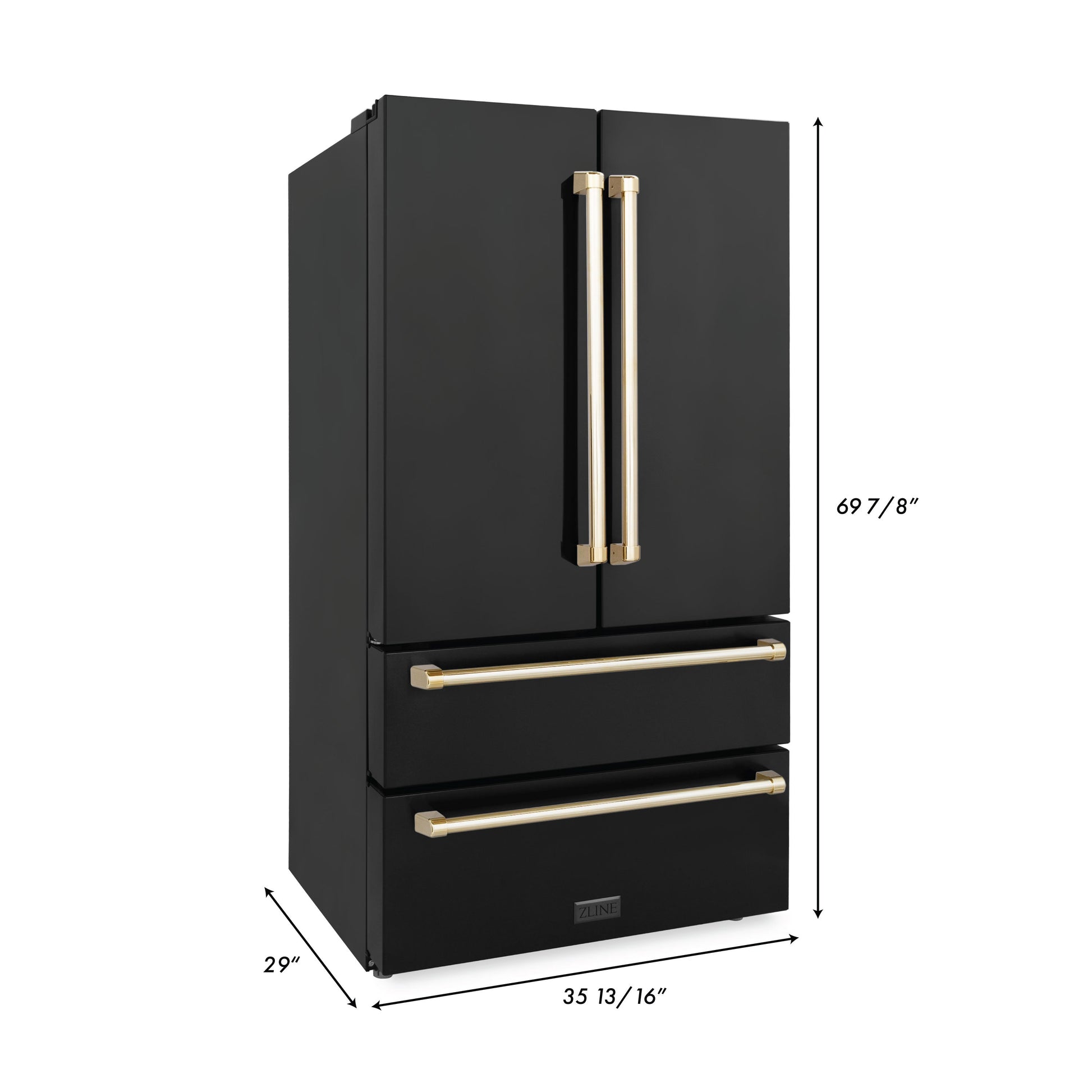 ZLINE Autograph Edition 36" 22.5 cu. ft. Fingerprint Resistant Black Stainless Steel With Gold Accents Freestanding French Door Refrigerator With Ice Maker