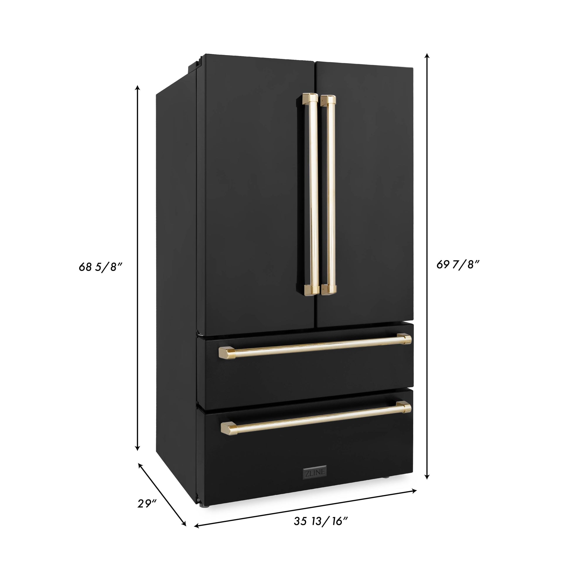 ZLINE Autograph Edition 36" 22.5 cu. ft. Fingerprint Resistant Black Stainless Steel With Gold Accents Freestanding French Door Refrigerator With Ice Maker