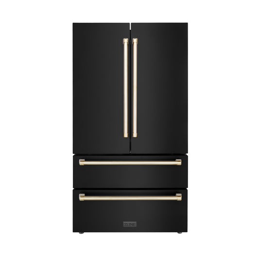 ZLINE Autograph Edition 36" 22.5 cu. ft. Fingerprint Resistant Black Stainless Steel With Gold Accents Freestanding French Door Refrigerator With Ice Maker