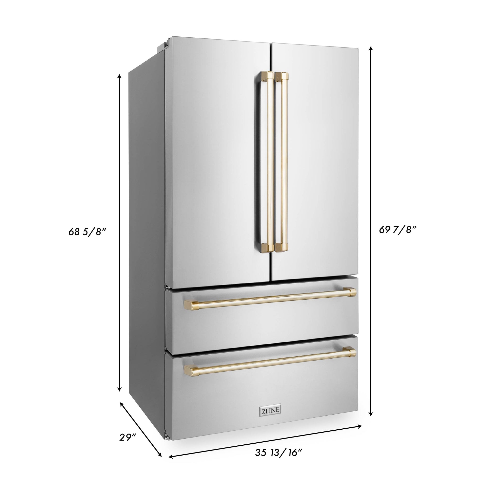 ZLINE Autograph Edition 36" 22.5 cu. ft. Fingerprint Resistant Stainless Steel With Gold Accents Freestanding French Door Refrigerator With Ice Maker