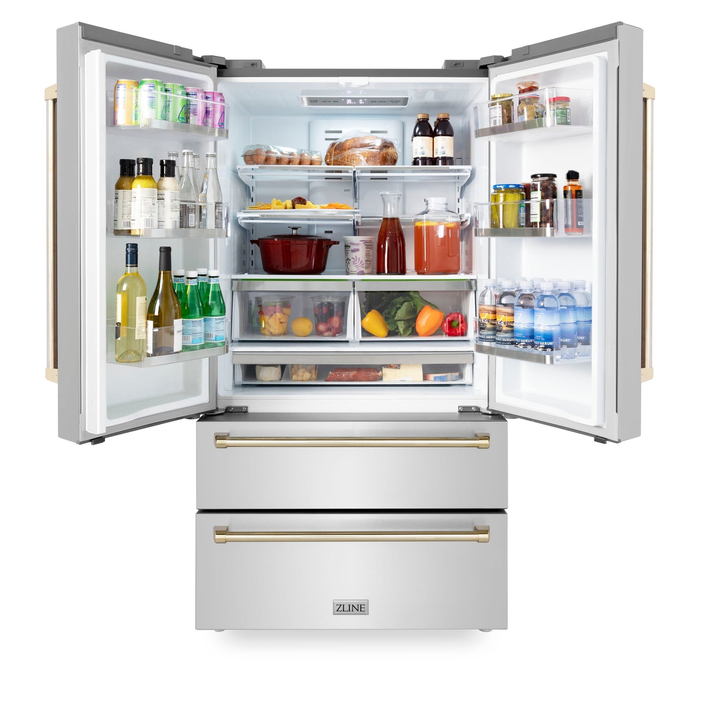 ZLINE Autograph Edition 36" 22.5 cu. ft. Fingerprint Resistant Stainless Steel With Gold Accents Freestanding French Door Refrigerator With Ice Maker