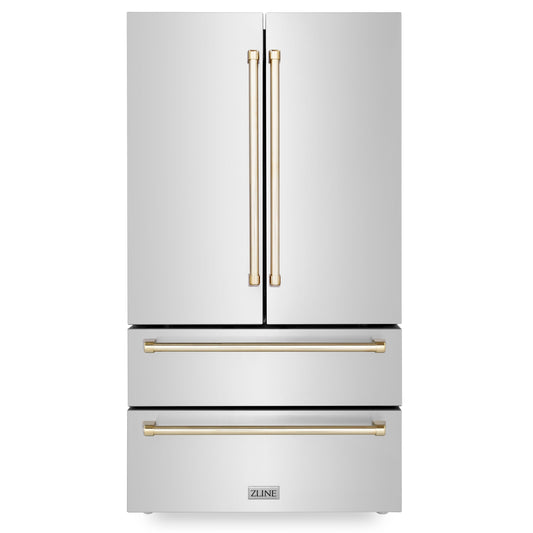 ZLINE Autograph Edition 36" 22.5 cu. ft. Fingerprint Resistant Stainless Steel With Gold Accents Freestanding French Door Refrigerator With Ice Maker