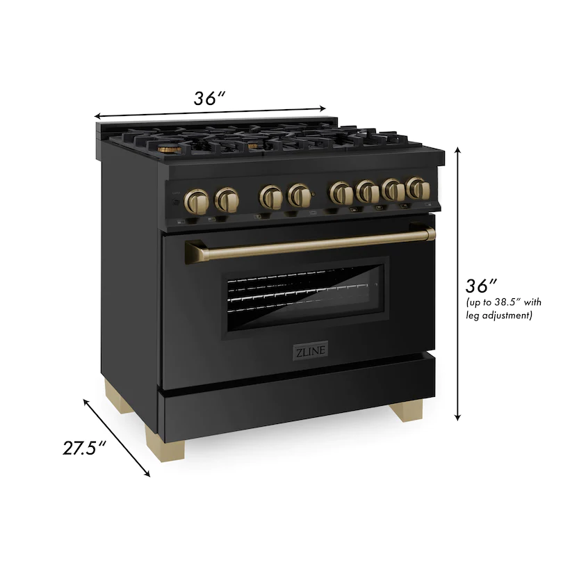 ZLINE Autograph Edition 36" Black Stainless Steel 6 Burner Dual Fuel Range With Champagne Bronze Accents and 4.6 cu. ft. Electric Oven