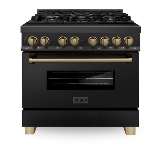 ZLINE Autograph Edition 36" Black Stainless Steel 6 Burner Dual Fuel Range With Champagne Bronze Accents and 4.6 cu. ft. Electric Oven