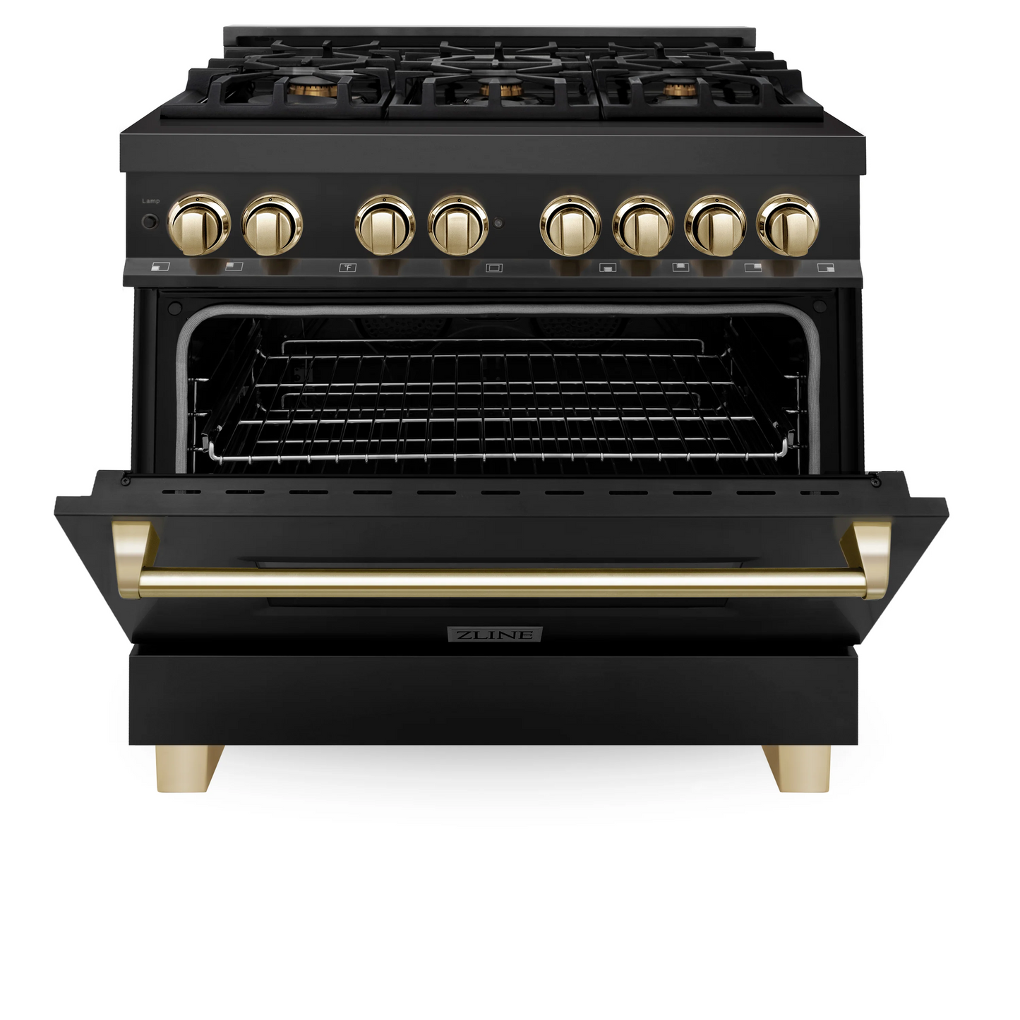 ZLINE Autograph Edition 36" Black Stainless Steel 6 Burner Dual Fuel Range With Gold Accents and 4.6 cu. ft. Electric Oven