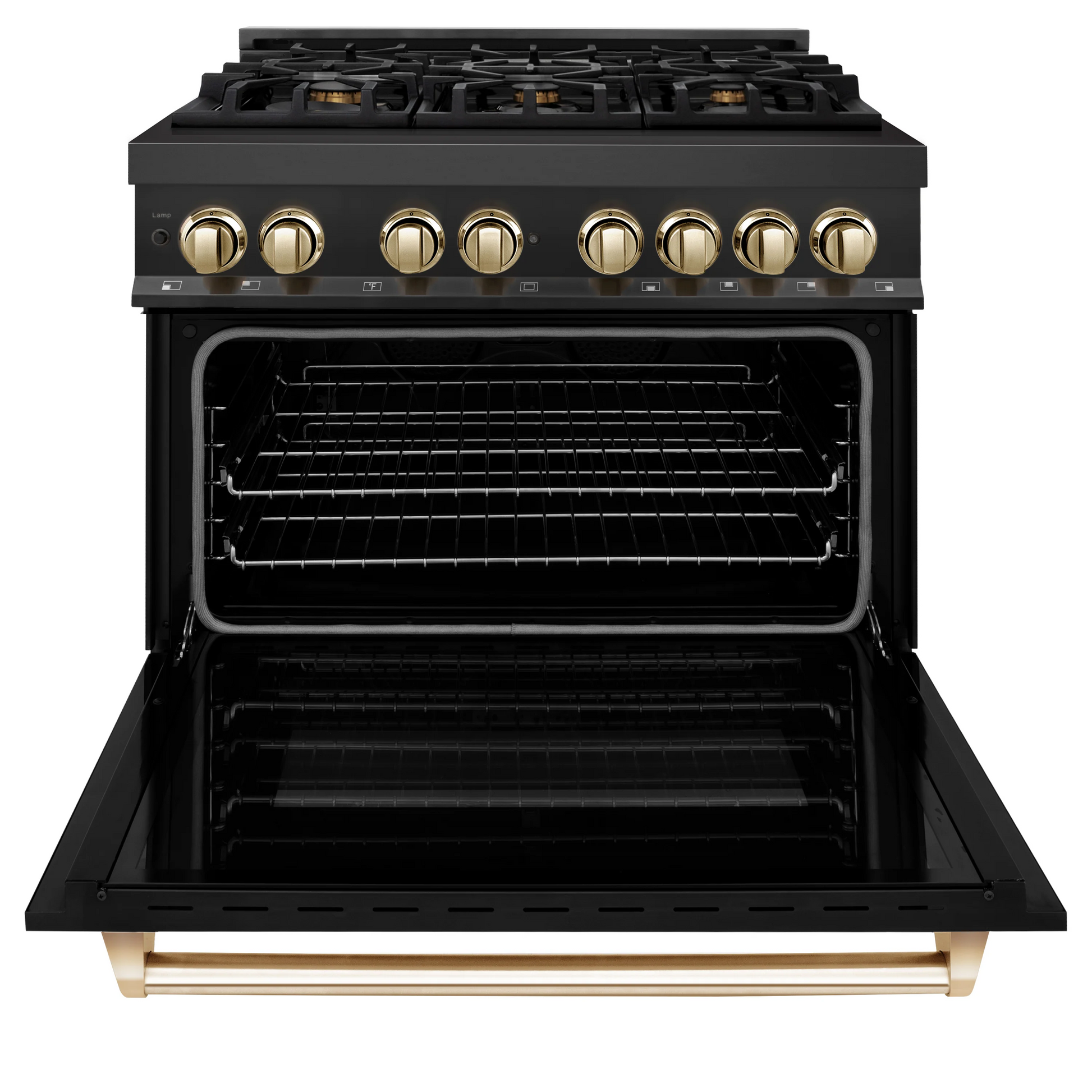 ZLINE Autograph Edition 36" Black Stainless Steel 6 Burner Dual Fuel Range With Gold Accents and 4.6 cu. ft. Electric Oven