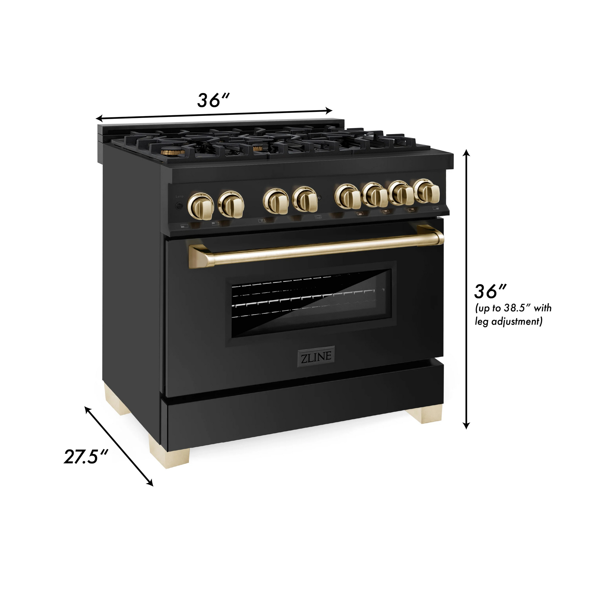 ZLINE Autograph Edition 36" Black Stainless Steel 6 Burner Dual Fuel Range With Gold Accents and 4.6 cu. ft. Electric Oven