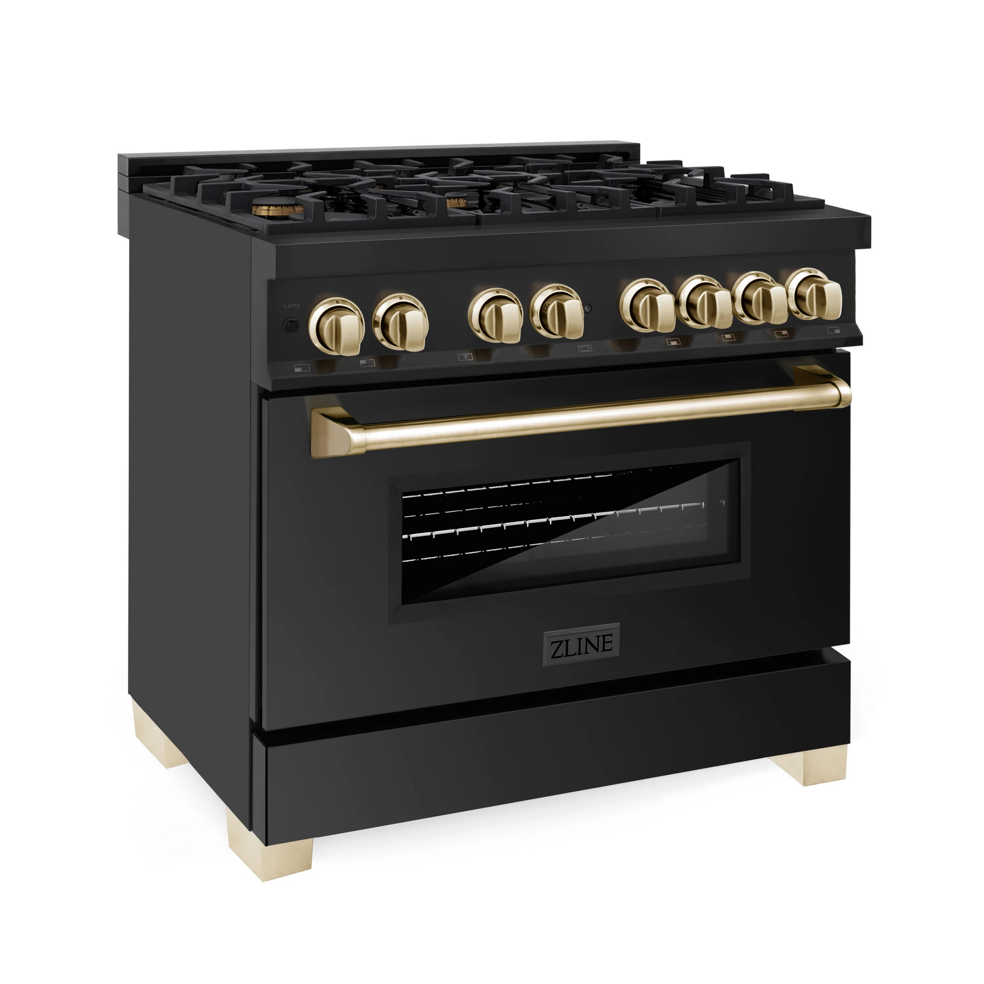 ZLINE Autograph Edition 36" Black Stainless Steel 6 Burner Dual Fuel Range With Gold Accents and 4.6 cu. ft. Electric Oven